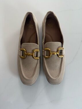 Suede Taupe Loafers with Gold Hardware